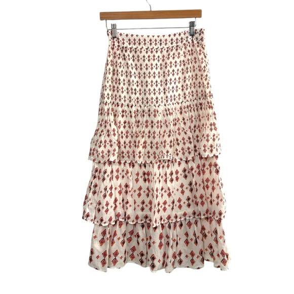 Free People Size 6 White Cha Cha Tiered Midi Cotton Printed Skirt Cottagecore - Picture 2 of 8